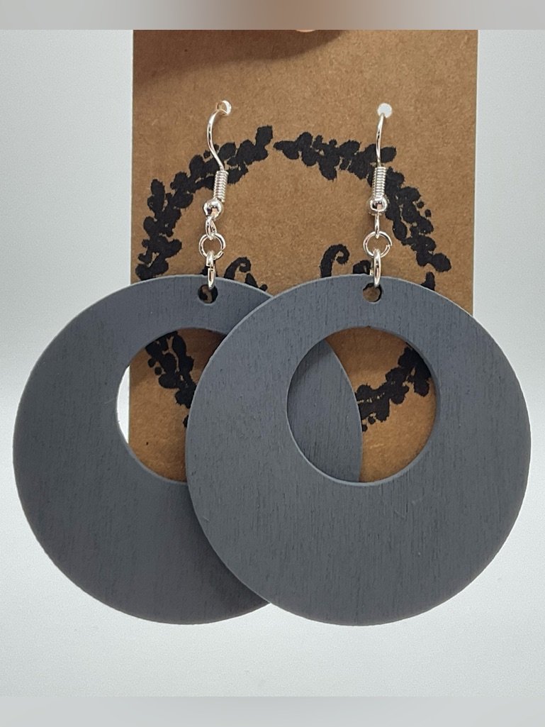 Gray Wooden Hoop Earrings - Minimalist Circle Dangle